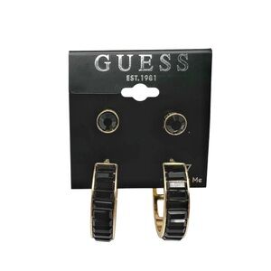 NWT Guess Black Baguette & Gold Tone Stud & Hoops Pierced Earrings